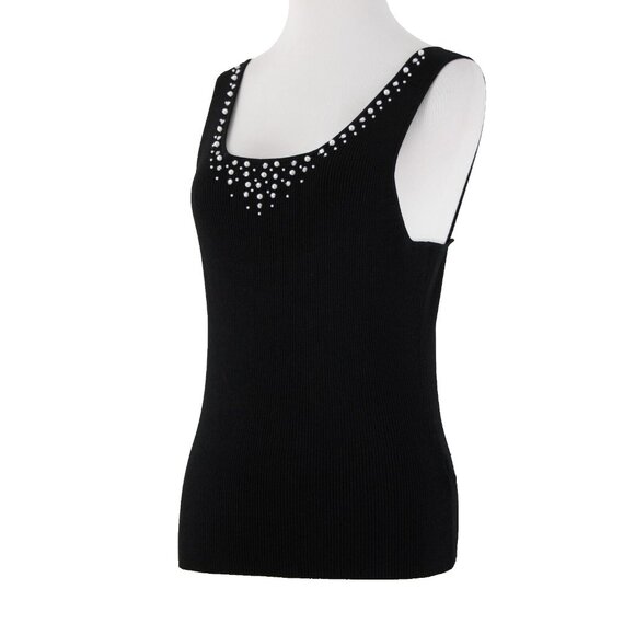 Christine Phillips Sz L Black Rhinestones Faux Pearl Sleeveless Rayon Nylon Top - Picture 1 of 16